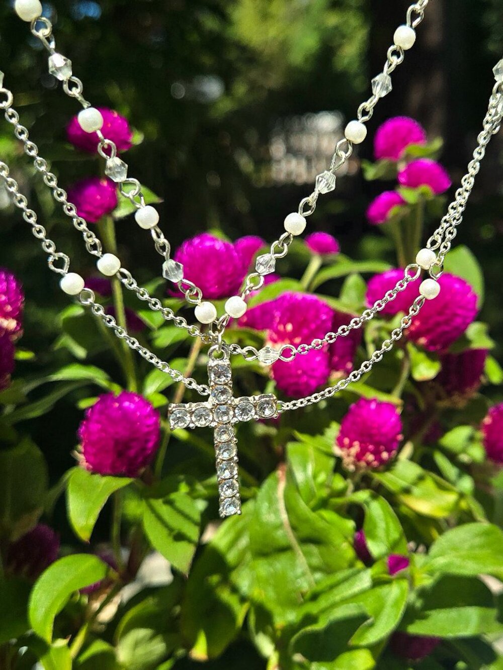 Vintage Y2K Silver Rhinestone Cross Multi Layer Layered 3 Chain Pearl Necklace - Picture 8 of 9
